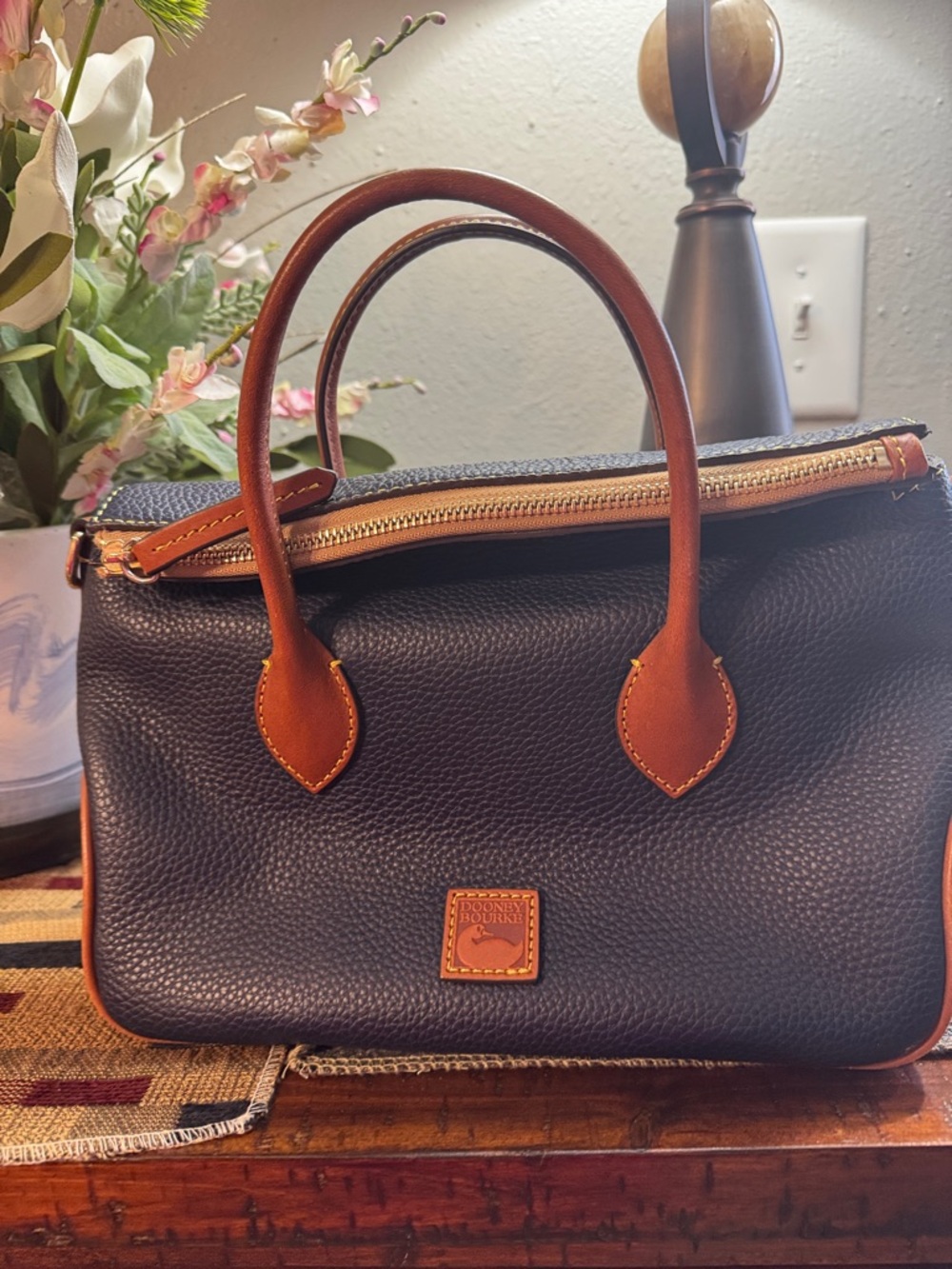 Dooney & Bourke Navy Pebbled Leather Crossbody Satchel with Brown Trim - Picture 9 of 10